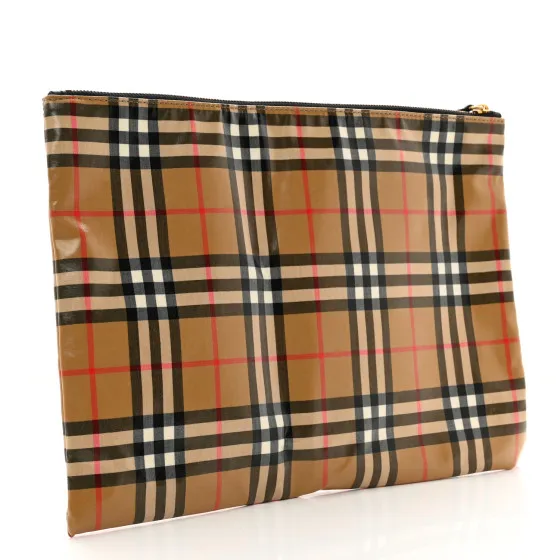 Original Cheap Cheap BURBERRY Coated Canvas Vintage Check Large Zip Pouch Antique Yellow 0119